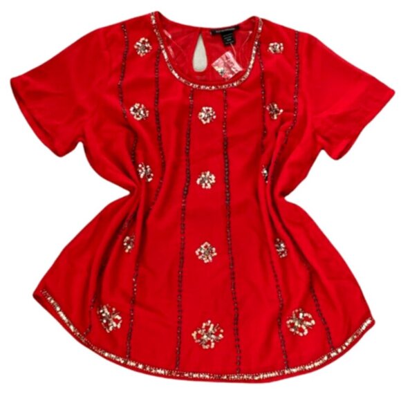 Ashley Stewart Sheer Short Sleeve Sequin Tunic Top Sz 14/16 Red #194B - Picture 7 of 9